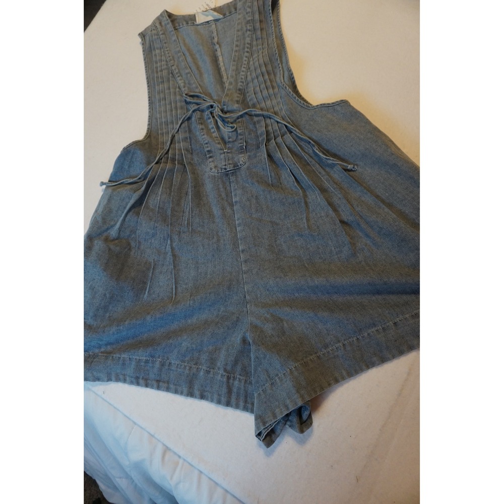 Lov Mob Light Wash Denim Pleated Lace Up Sleeveless Romper Blue Jumpsuit